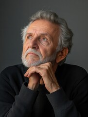 Aufkleber - An elderly man with gray hair and a beard contemplates thoughtfully, resting his chin on his hands, illuminated by soft indoor evening light. Generative AI