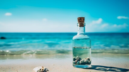 Wall Mural - A glass bottle with cork, containing stones, sits on a sandy beach by the ocean.