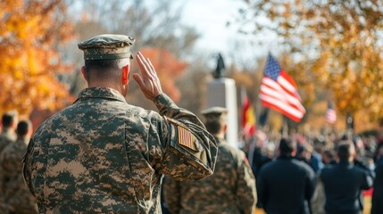 A military service member salutes during a solemn Veterans Day ceremony surrounded by flags and fellow attendees in autumn