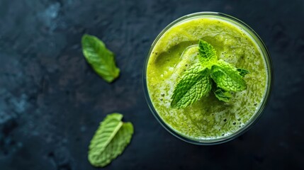 Top view of a fresh green smoothie in a glass with a garnish of mint leaves on a dark background