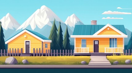 Charming illustration of two cozy houses surrounded by mountains, featuring colorful exteriors and lush greenery.