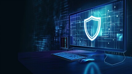Aufkleber - Computer monitor displays blue shield with white cross on dark background. Keyboard and mouse suggest active workspace for cybersecurity threats defense.