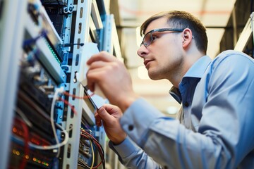 Aufkleber - Network engineer in data center environment. Man in professional attire inspects computer equipment. Server room background with racks of servers and network devices.
