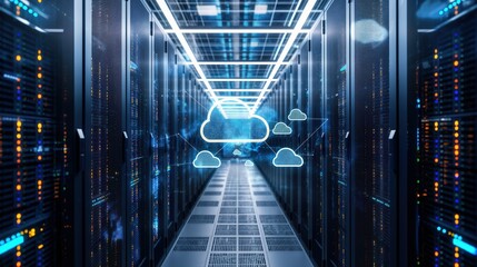 Leinwandbilder - Corridor in large cloud data center filled with rows of rack servers, supercomputers. Cloud icons overlay.