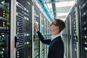 Aufkleber - Young caucasian man in datacenter server room surrounded by rows of equipment, servers. Dressed in suit, possibly businessman manager, with serious expression. Room filled with cables, wires,