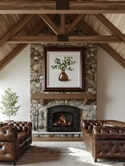 elegant farmhouse style great room featuring a vaulted ceiling with wood beams a stone fireplace wit