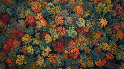 Wall Mural - Aerial perspective of a dense forest in autumn, with treetops displaying a mosaic of vibrant colors, creating a natural abstract pattern of reds, oranges, and yellows