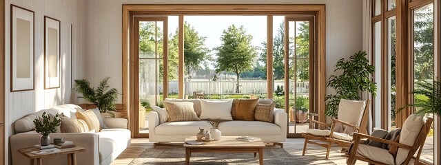 Farmhouse inspired 3D rendered living room scene featuring a wooden frame mockup colorful textiles a mix of modern and antique furnishings and a picturesque outdoor porch view