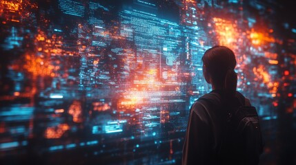 Wall Mural - a person stands in front of a vibrant holographic display filled with colorful information and data 