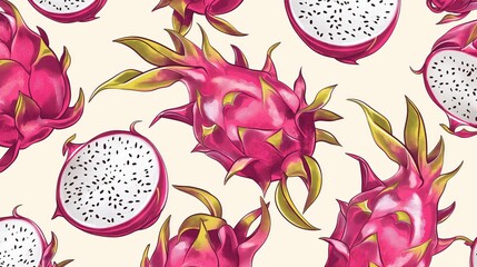 Wall Mural - A vibrant pattern featuring dragon fruits, showcasing their unique shapes and colors.