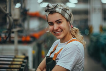 Wall Mural - Portrait of a young female assembly line worker in factory