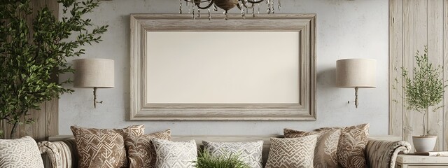 Wall Mural - Farmhouse Style Living Room with Distressed Frame Mockup and Patterned Textiles  Cozy and rustic interior design featuring a 3D rendered mockup frame earthy color palette