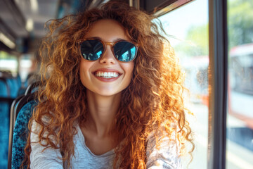 A cheerful European woman in sunglasses is smiling happily while sitting by the window on a bus.