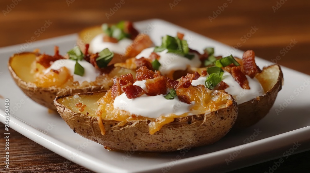 Loaded Baked Potato Skins With Bacon Sour Cream And Cheese Stock Photo Loaded Baked Potato Skins With Bacon Sour Cream And Cheese Stock Photo