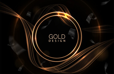 Wall Mural - Composition with a round gold-colored frame with tinsel on a black background.