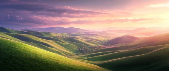 Wall Mural - Beautiful summer colorful pastoral landscape panorama. Long flowering grasses on green meadows, accompanied by a beautiful blue sky.