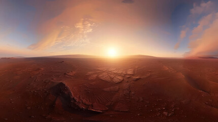 Wall Mural - A wide-angle shot of Mars' surface at sunset, with the sun low on the horizon, the sky transitioning through vivid colors, and the landscape in soft shadow