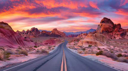 Wall Mural - A wide-angle shot of a road through the desert at sunrise, with the sky painted in soft pinks and oranges, the empty road inviting adventure