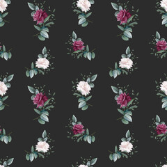 Naklejka na meble Watercolor seamless pattern with dark red roses and white peonies