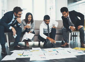 Poster - Business, people and planning on floor with paperwork for brainstorming, creative project or color palette decision. Interior designer, employees and collaboration for design strategy or swatch ideas