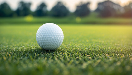 Closeup golf ball on green grass field