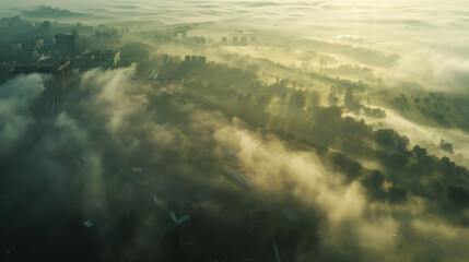 Aerial shot of a foggy urban landscape, with city buildings partially obscured by mist, creating an atmosphere of quiet and calm in the early morning light