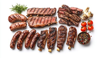 A vibrant assortment of grilled meats, featuring ribs, sausages, and steaks, garnished with herbs and fresh vegetables for a summer meal