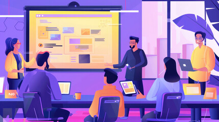 Wall Mural - A team meeting in a modern office, with one person presenting social media content ideas on a large screen, while others take notes and contribute