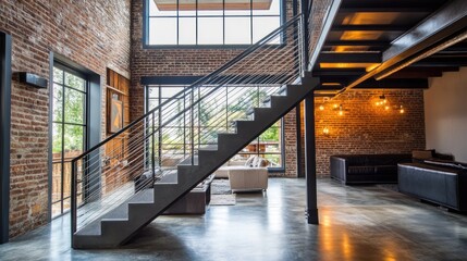 Sticker - Modern Interior with Brick Walls and a Metal Staircase