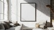 © Boss Architectura  - Minimalist and modern floating frame mockup displayed in a farmhouse inspired living room interior  The frame is surrounded by natural stone textures