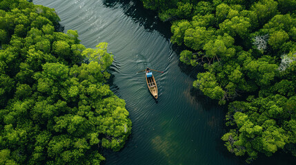 a small boat navigating through a narrow, hidden waterway in a mangrove forest, with dense greenery 