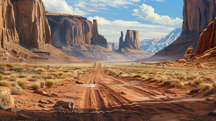 Wall Mural - A rustic, unpaved road leading through a remote desert landscape, with towering rock formations and no sign of civilization in sight, perfect for those seeking the road less traveled