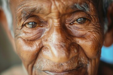 Aufkleber - An elderly man with deep wrinkles and wise eyes demonstrates calmness and wisdom, reflecting on life experiences in a tranquil setting with natural light. Generative AI