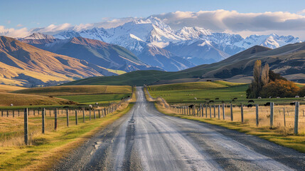 Wall Mural - A rural road cutting through rolling hills, with a dramatic mountain range rising in the background, the road lined with fences and grazing fields