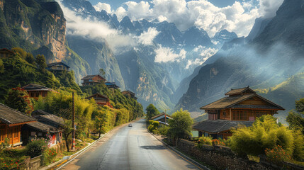 A road winding through a picturesque mountain village, with traditional houses on either side and towering mountains forming a breathtaking backdrop