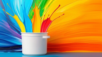 Wall Mural - A white bucket with a rainbow of colors splashed on it. The colors are bright and vibrant, creating a sense of energy and excitement. The bucket is placed on a table, surrounded by a colorful wall