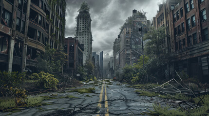 a road through a post-apocalyptic urban landscape, leading to an abandoned skyscraper, with broken w