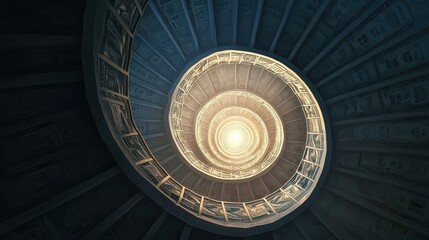 Poster - A spiral staircase made of currency symbols, descending into darkness