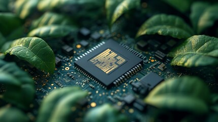 Poster - Green technology concept with cpu surrounded by leaves