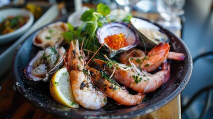 Wall Mural - Seafood Platter with Grilled Shrimps, Clams, and Lemon