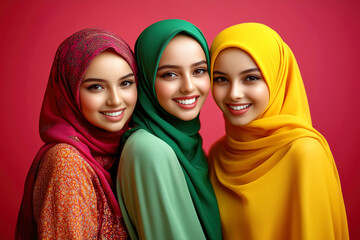 Joyful young Muslim women radiating positivity in vibrant hijabs