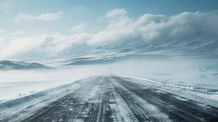 A remote road in a tundra region, with strong winds blowing snow across the icy surface, creating treacherous driving conditions in a harsh, frozen environment