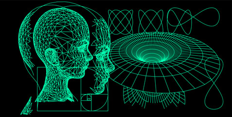 Poster - A collage of 3D figures and shapes representing future artificial technologies and warp in time and space.