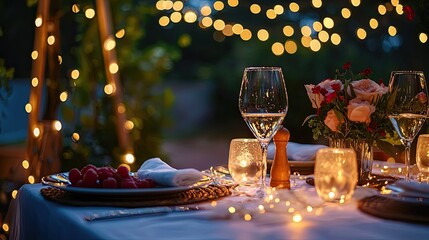 a beautifully decorated table with a romantic dinner setup for a couple's anniversary celebration