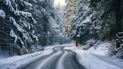 A snow-covered road winding through a dense winter forest, with tall pine trees blanketed in white and the road barely visible under a layer of fresh snow