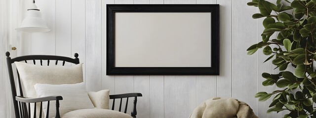 Mockup frame displayed in a cozy farmhouse style living room setting featuring a rustic black frame a comfortable reading chair and a neutral color palette  The 3D rendered image showcases a warm