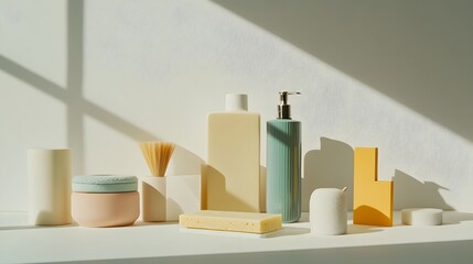 Visually striking geometric pattern composition of mundane household items and domestic goods against a clean uncluttered white background using softbox lighting and Bauhaus design principles