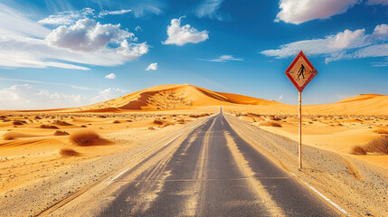 Wall Mural - A road sign warning of the long stretch of desert road ahead, with endless sand dunes and a solitary road stretching out under the midday sun