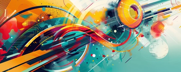 Wall Mural - Dynamic abstract digital art composition with vibrant colors and geometric shapes creating a sense of movement and energy.