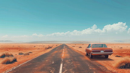 Wall Mural - A retro car parked on the side of a deserted desert road, with tumbleweeds rolling by, the road stretching endlessly into the horizon under a bright blue sky